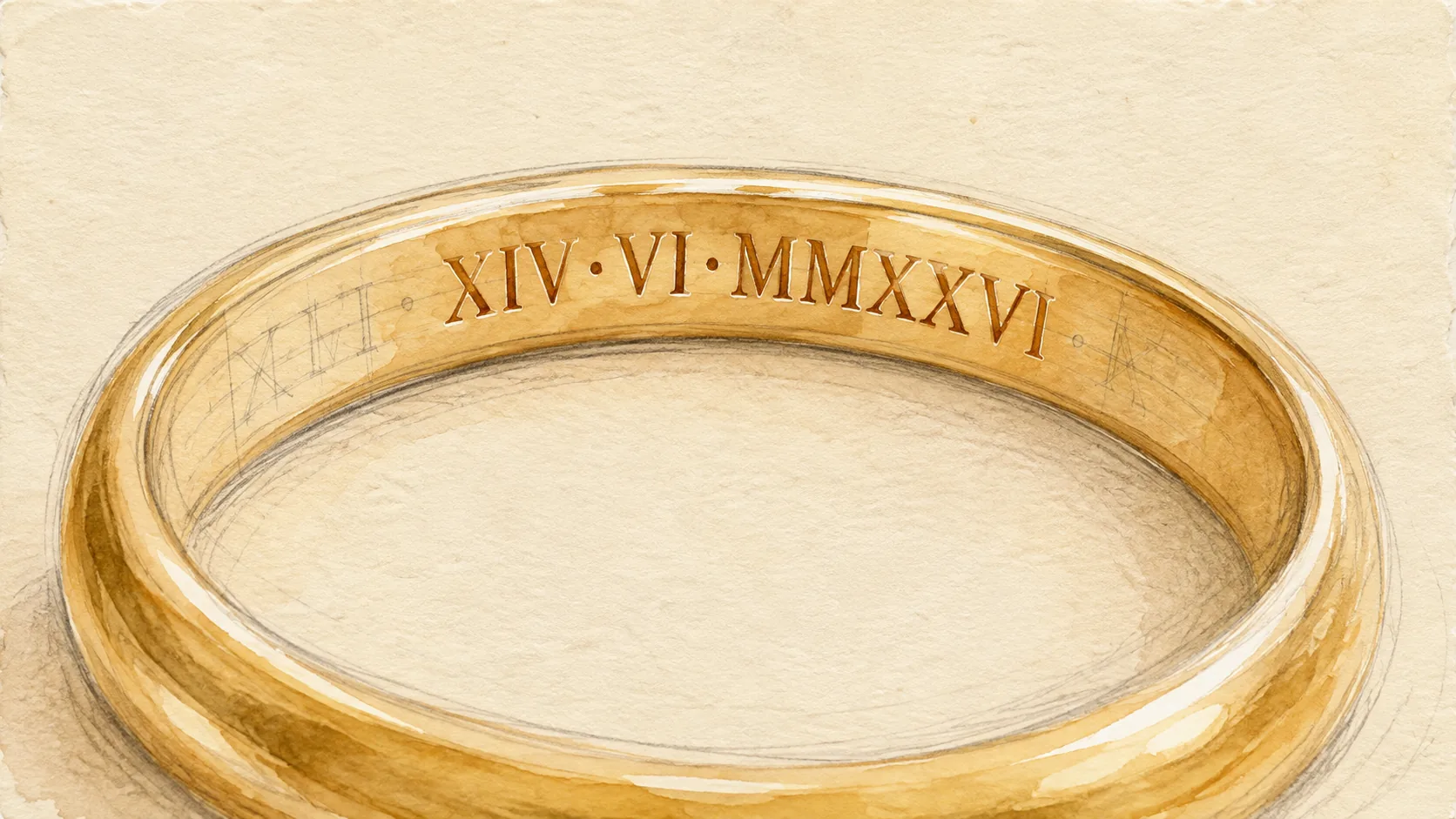 Estudio a lápiz y acuarela de un aro de oro, con la fecha XIV·VI·MMXXVI grabada en su cara interior.