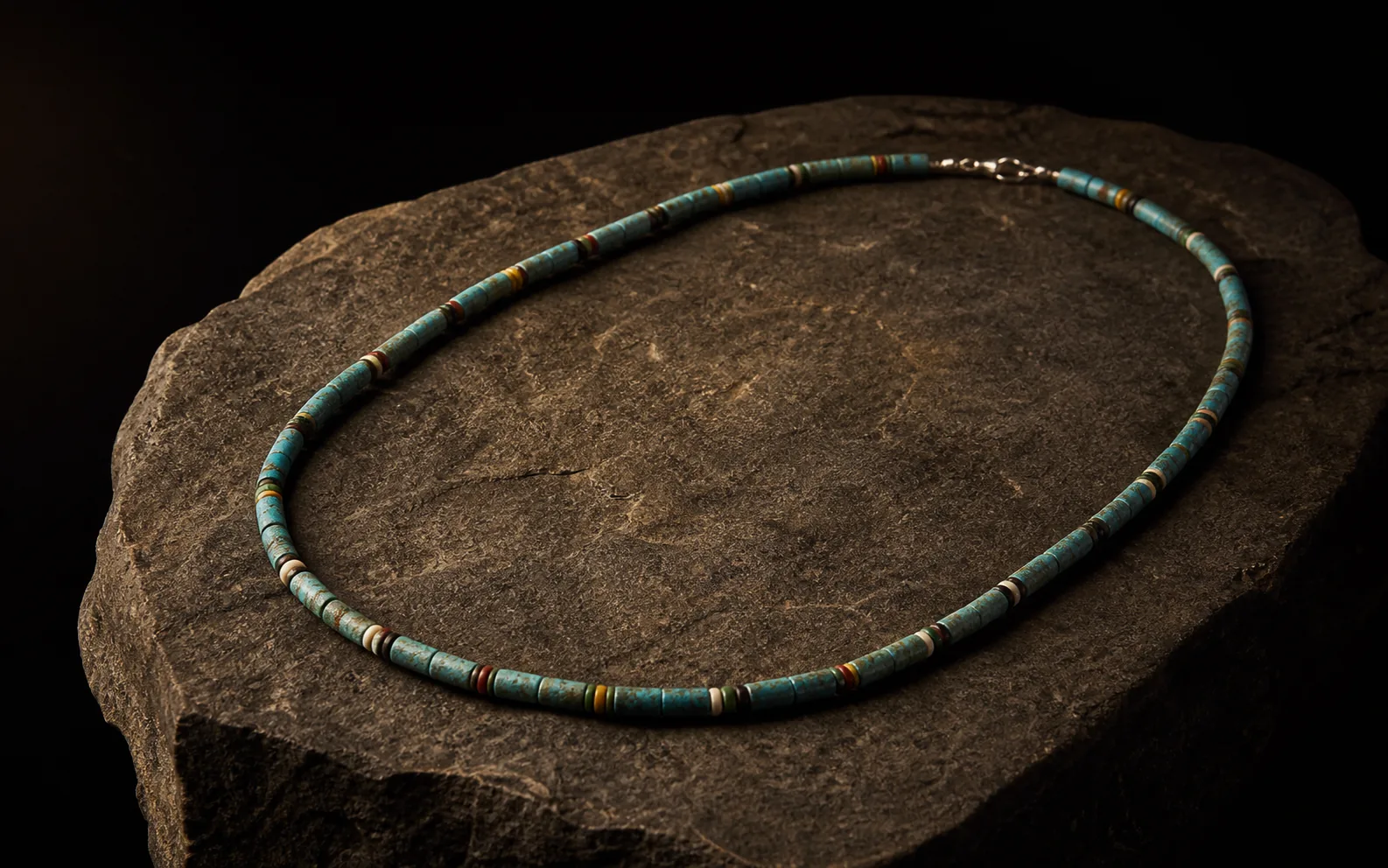 Collar egipcio antiguo de cuentas de ojo en vidrio, fotografiado como bodegón