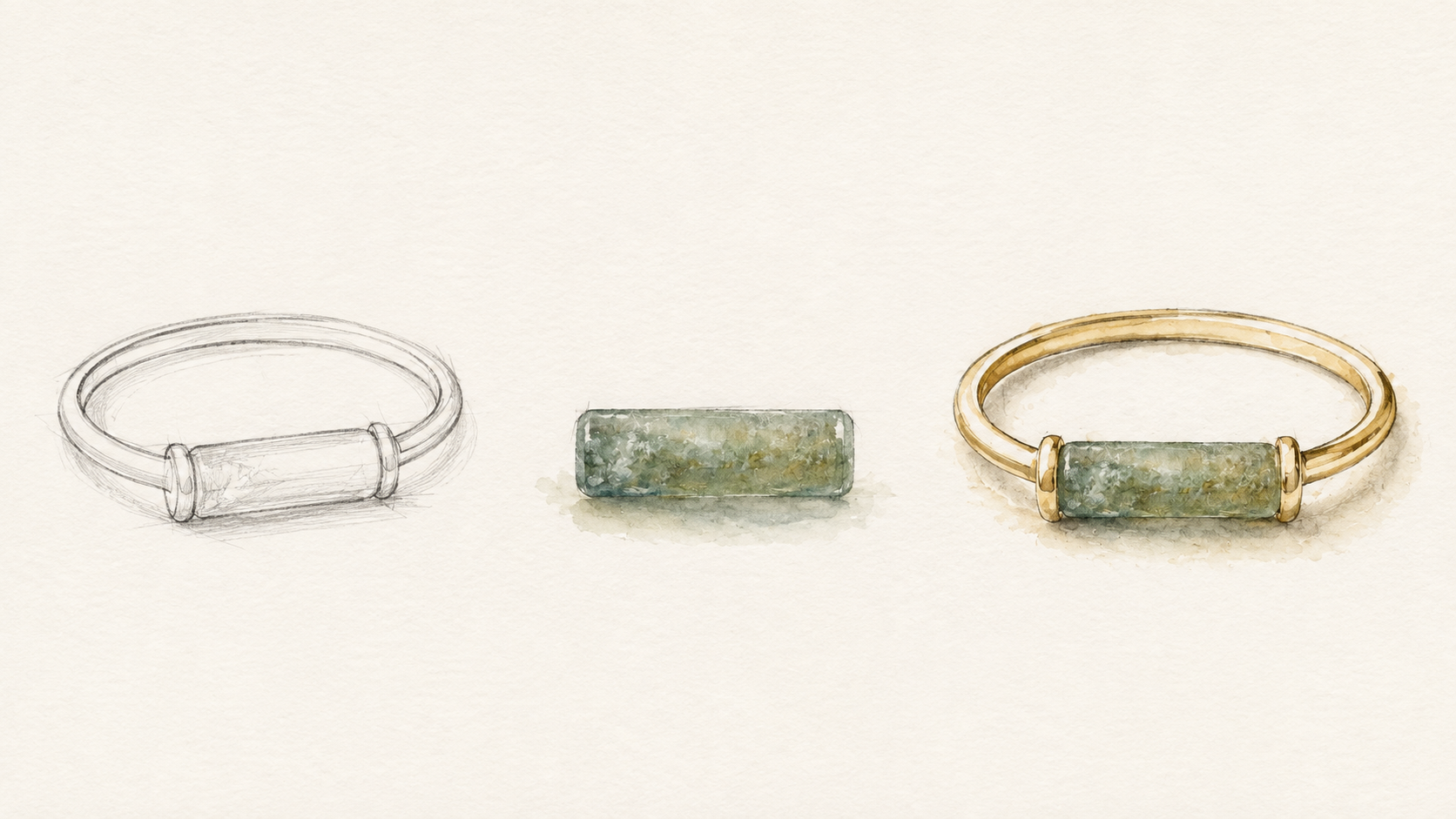Pencil and watercolour process showing a ring sketch, a Roman vitrum and its proposed gold setting
