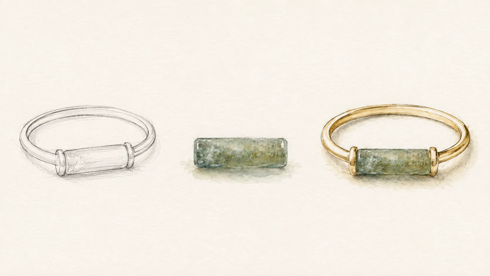 Estudio a lápiz y acuarela con el boceto del anillo de oro, el vitrum romano y el anillo terminado