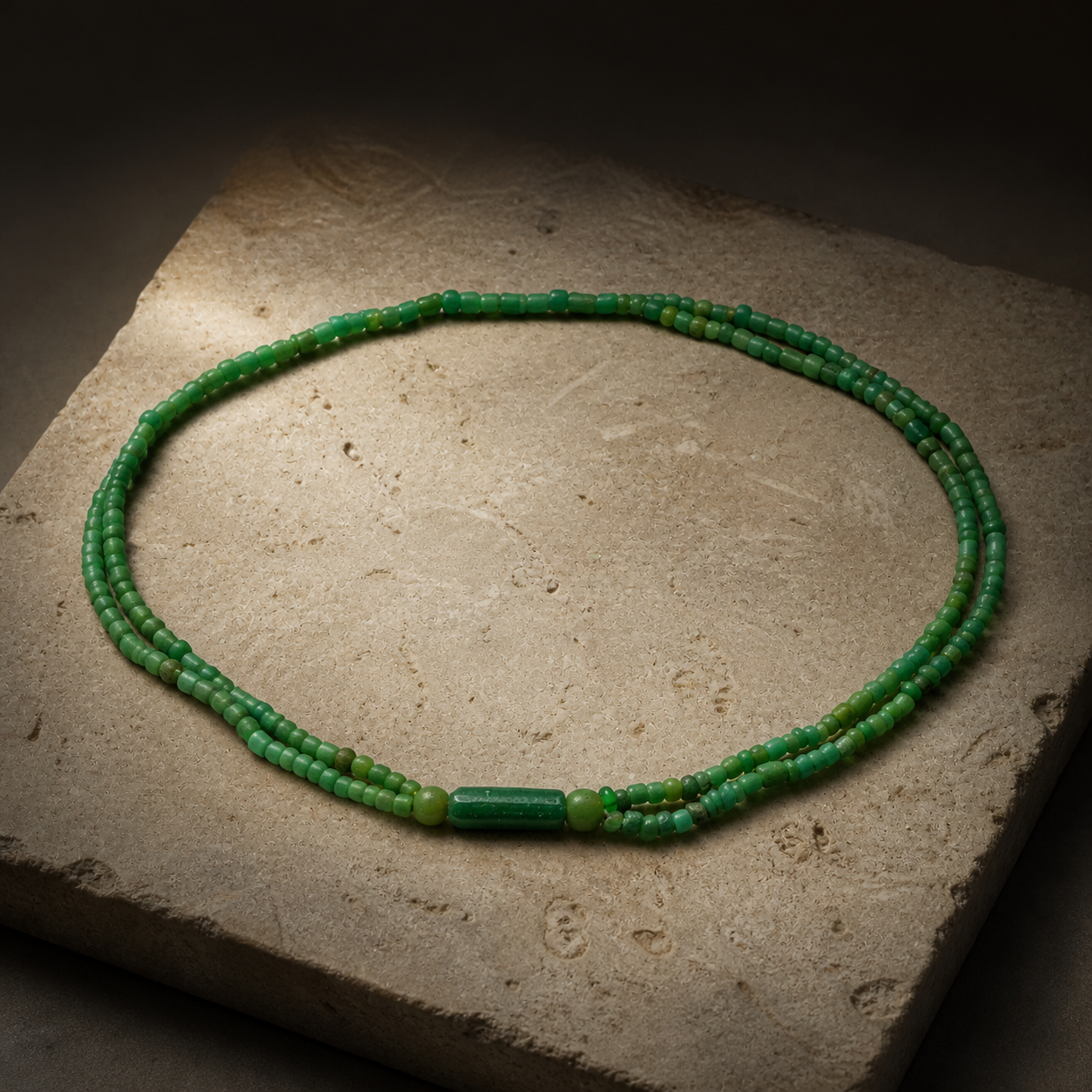 Roman green glass necklace arranged on a limestone slab