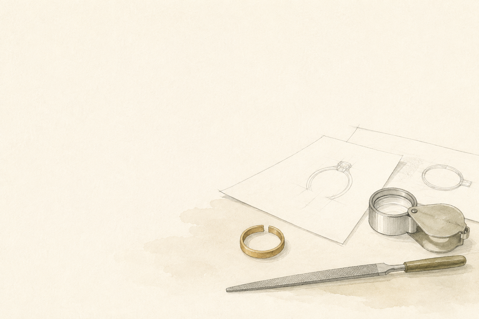 Minimal watercolour illustration of a jeweller's bench with a ring, sketch and fine tools