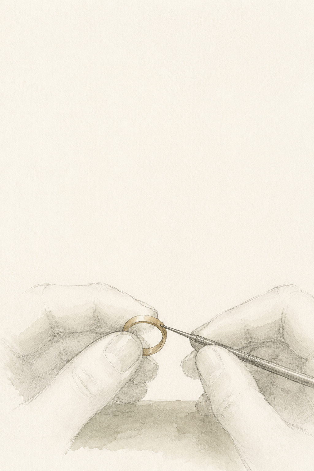 Minimal pencil and watercolour illustration of a jeweller's hands working on a gold ring