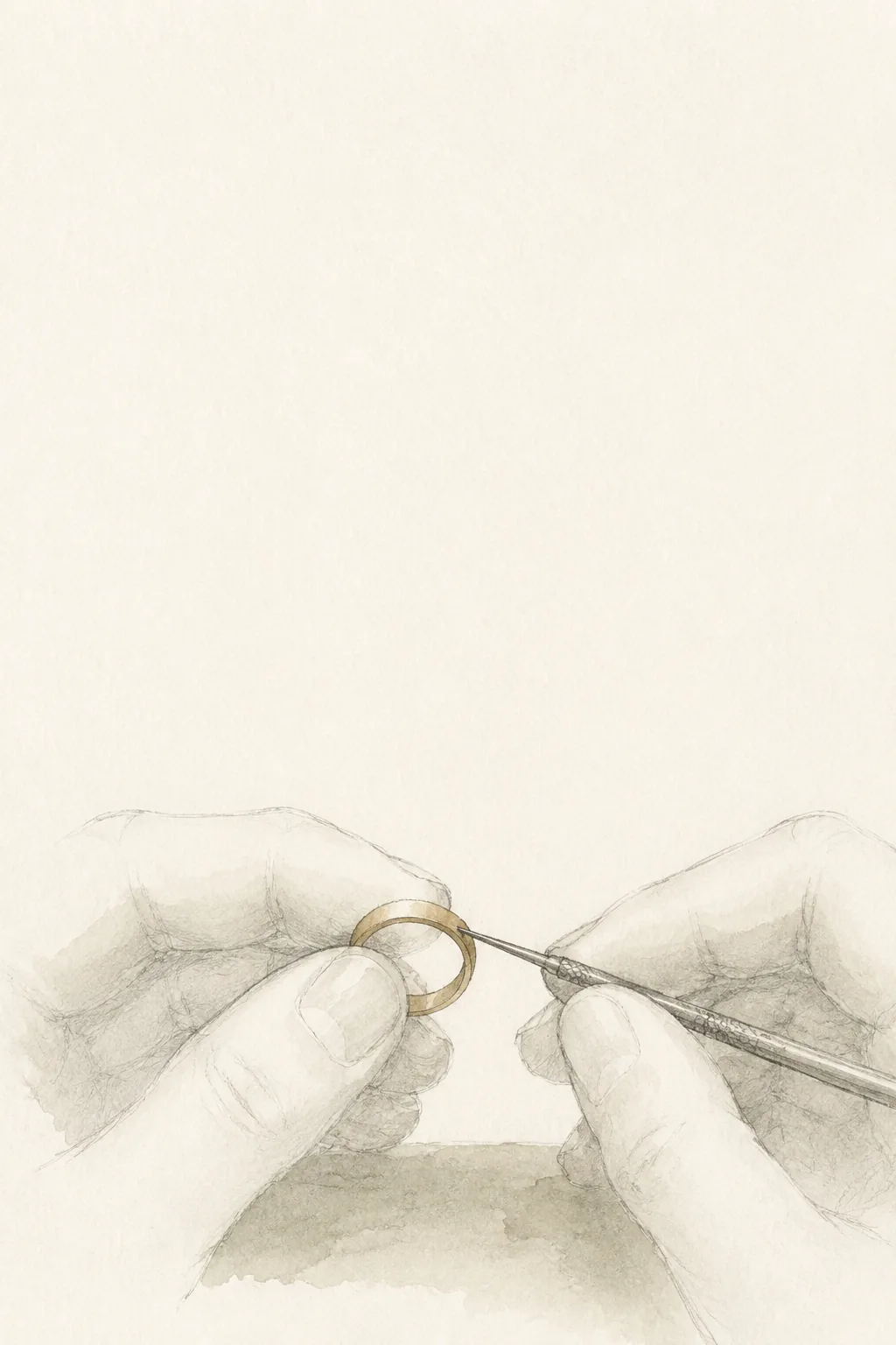 Ilustración en acuarela de manos de joyero trabajando un anillo de oro