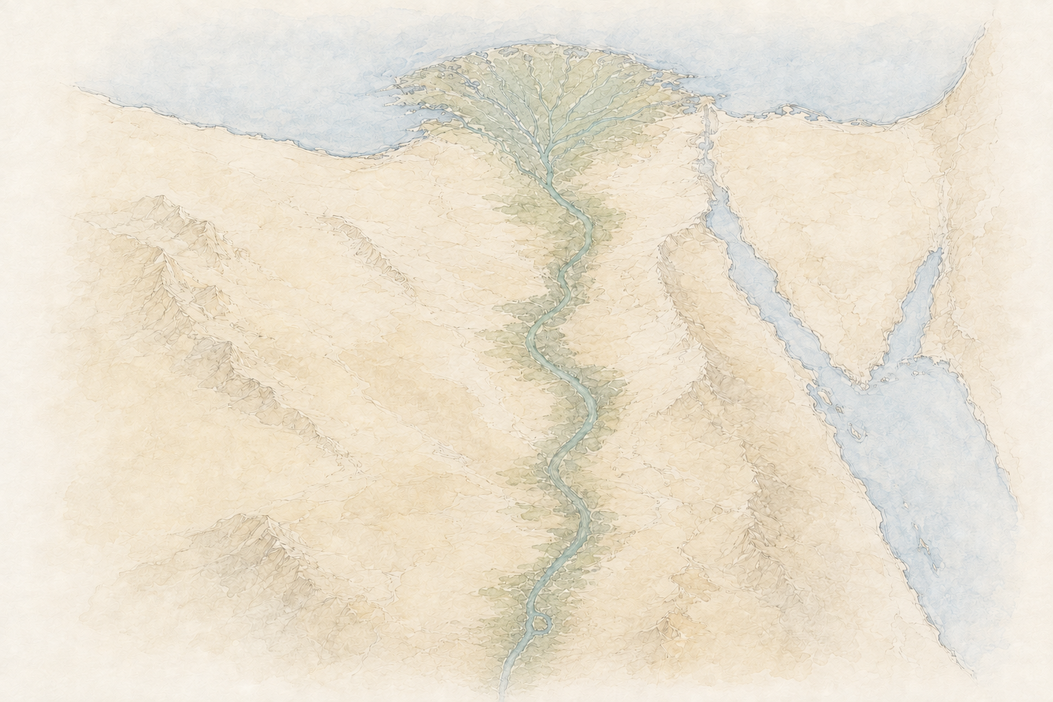 Pencil and watercolour map of the Nile Valley, Delta, Sinai and Red Sea