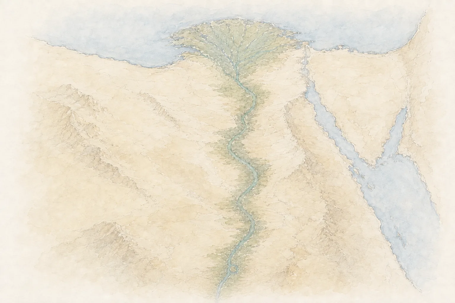 Mapa a lápiz y acuarela del valle del Nilo, el Delta, el Sinaí y el mar Rojo