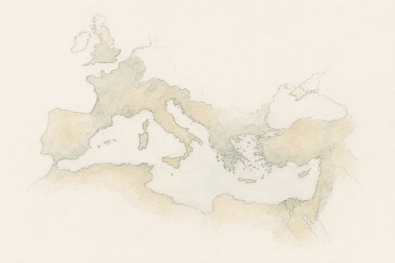 Restrained pencil and watercolour map of the Roman Mediterranean