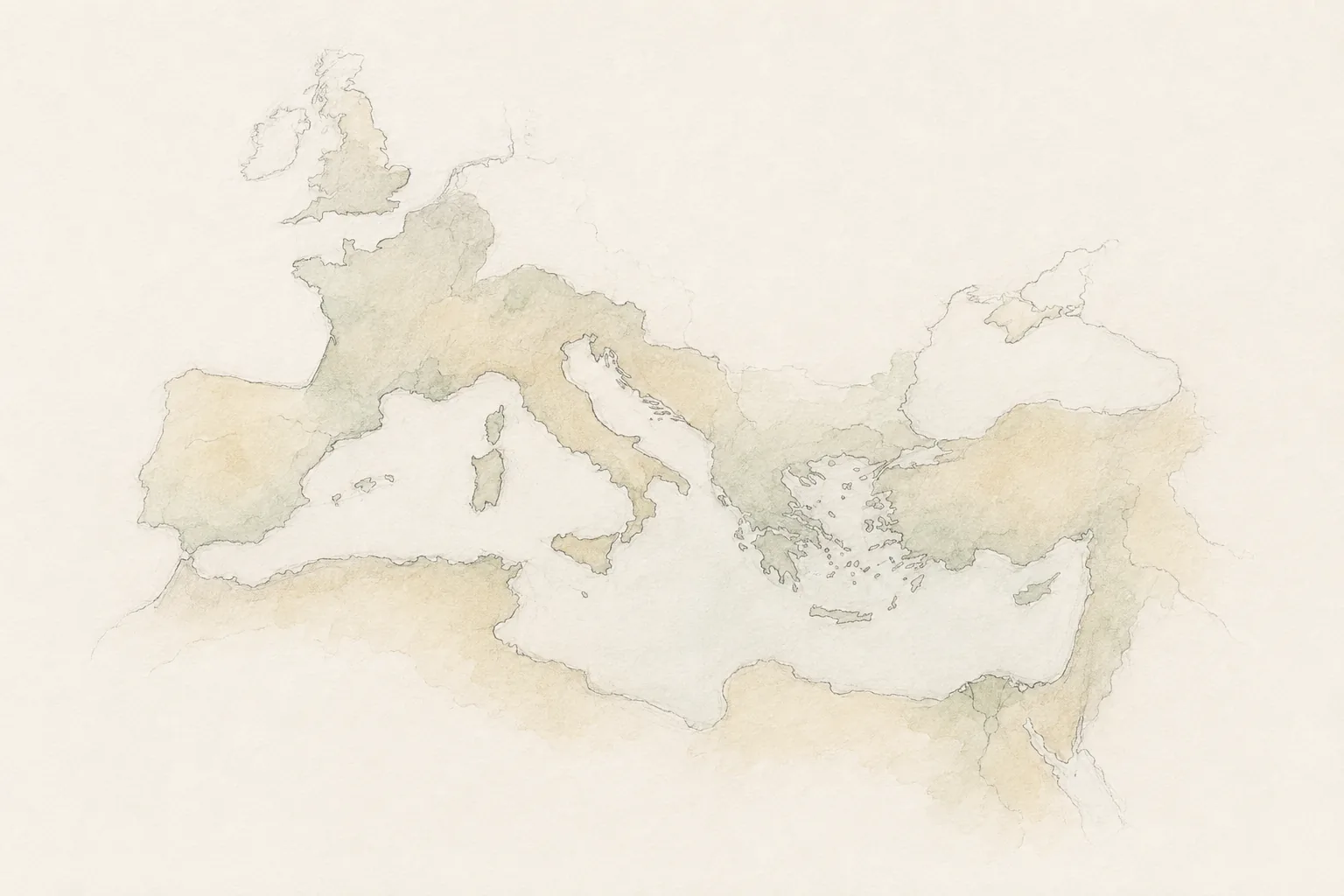 Mapa sobrio a lápiz y acuarela del Mediterráneo romano