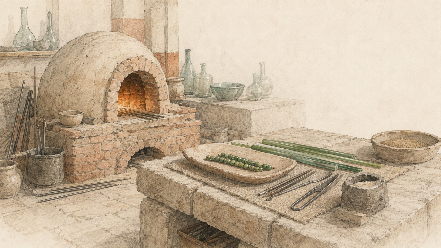 Pencil and watercolour reconstruction of a Roman glass workshop with kiln, tools and green beads