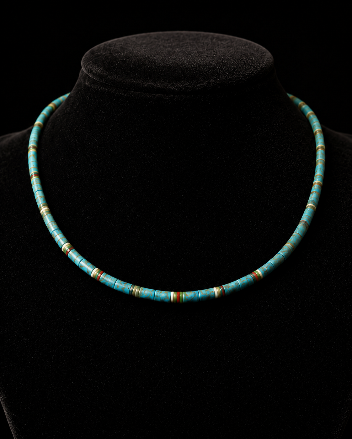 Third Intermediate Period Egyptian eye-bead necklace on a black velvet bust
