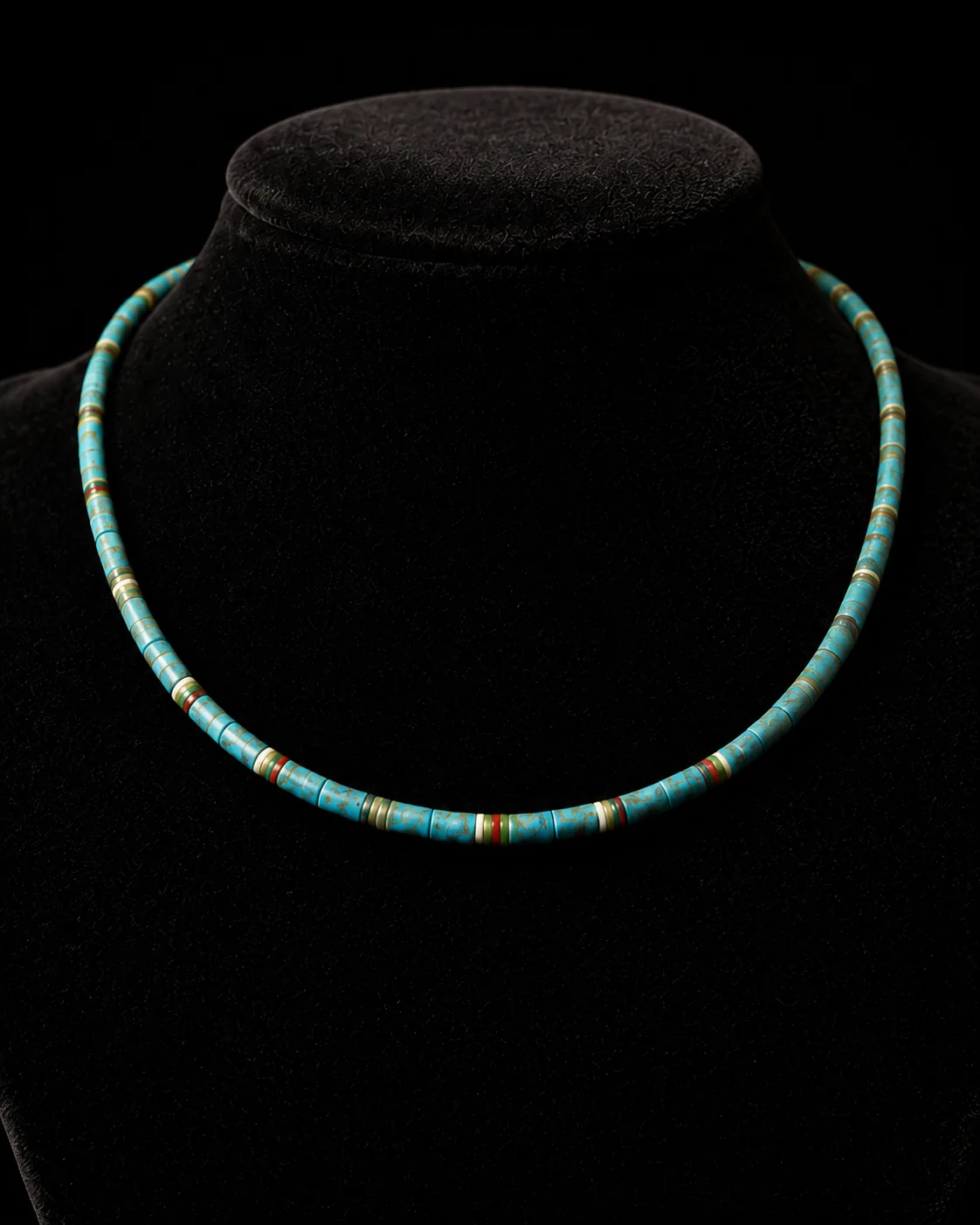 Collar egipcio de cuentas de ojo del Tercer Periodo Intermedio sobre un busto de terciopelo negro