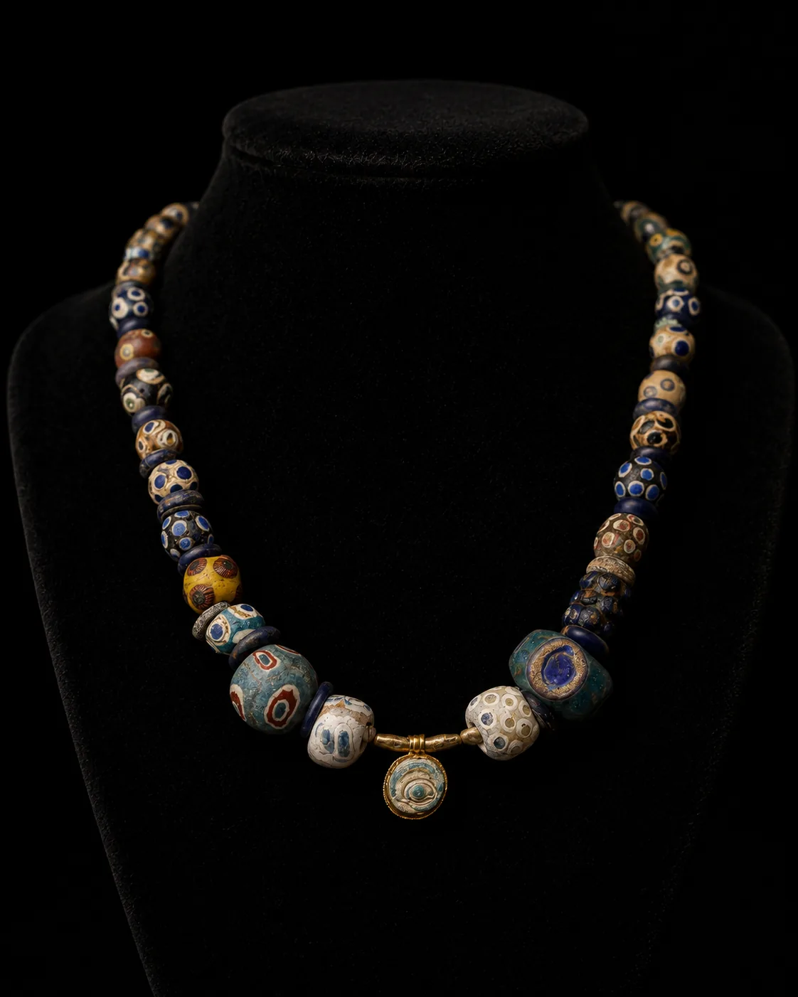 Collar fenicio de cuentas de ojo en vidrio y oro sobre un busto de terciopelo negro