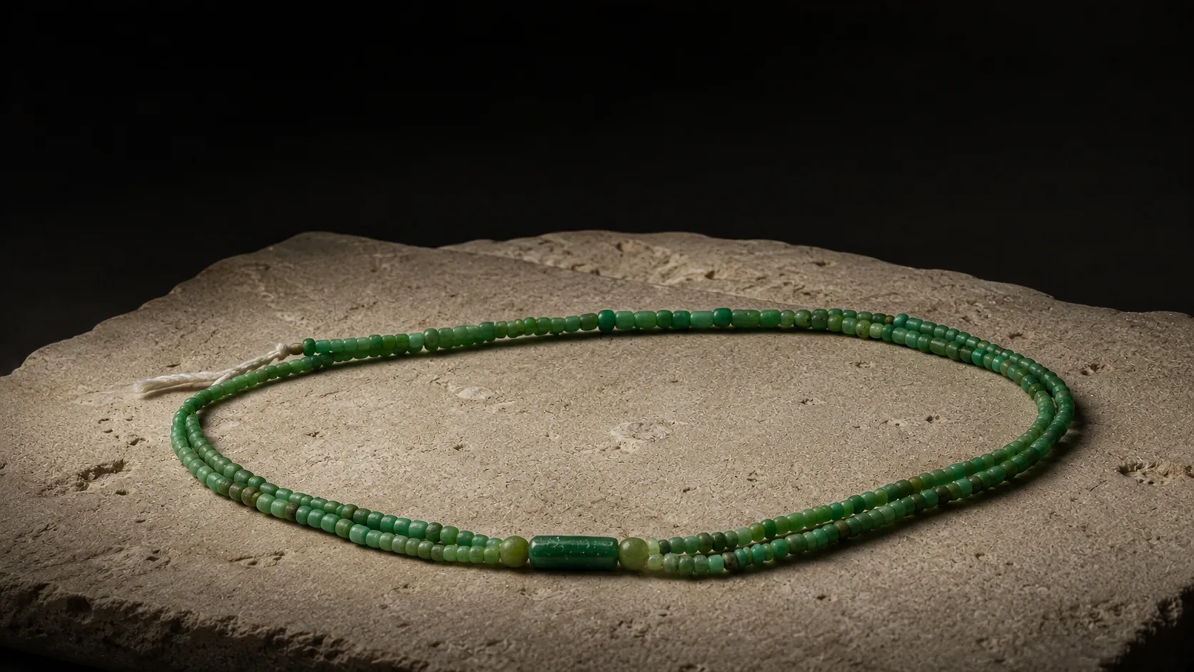 Collar romano de cuentas de vidrio verde dispuesto sobre piedra caliza