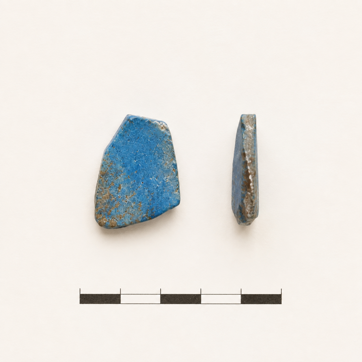 Photographic material reference of a blue faience fragment, front and profile