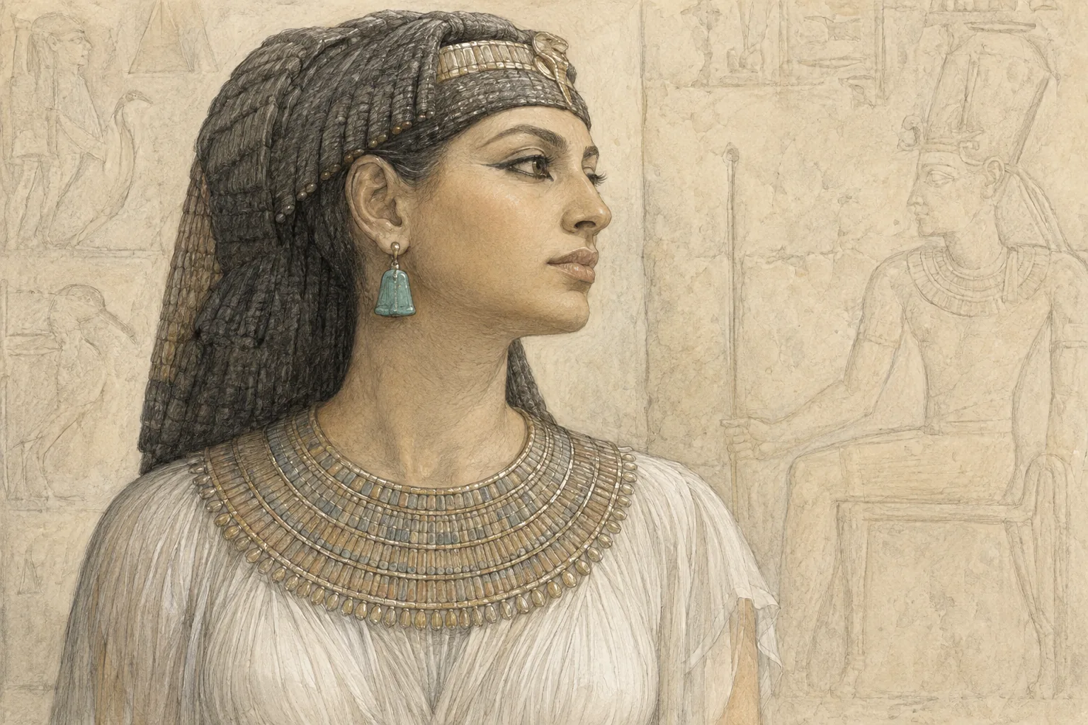 Reconstrucción a lápiz y acuarela de una noble egipcia de perfil con un fragmento vidriado turquesa en la oreja