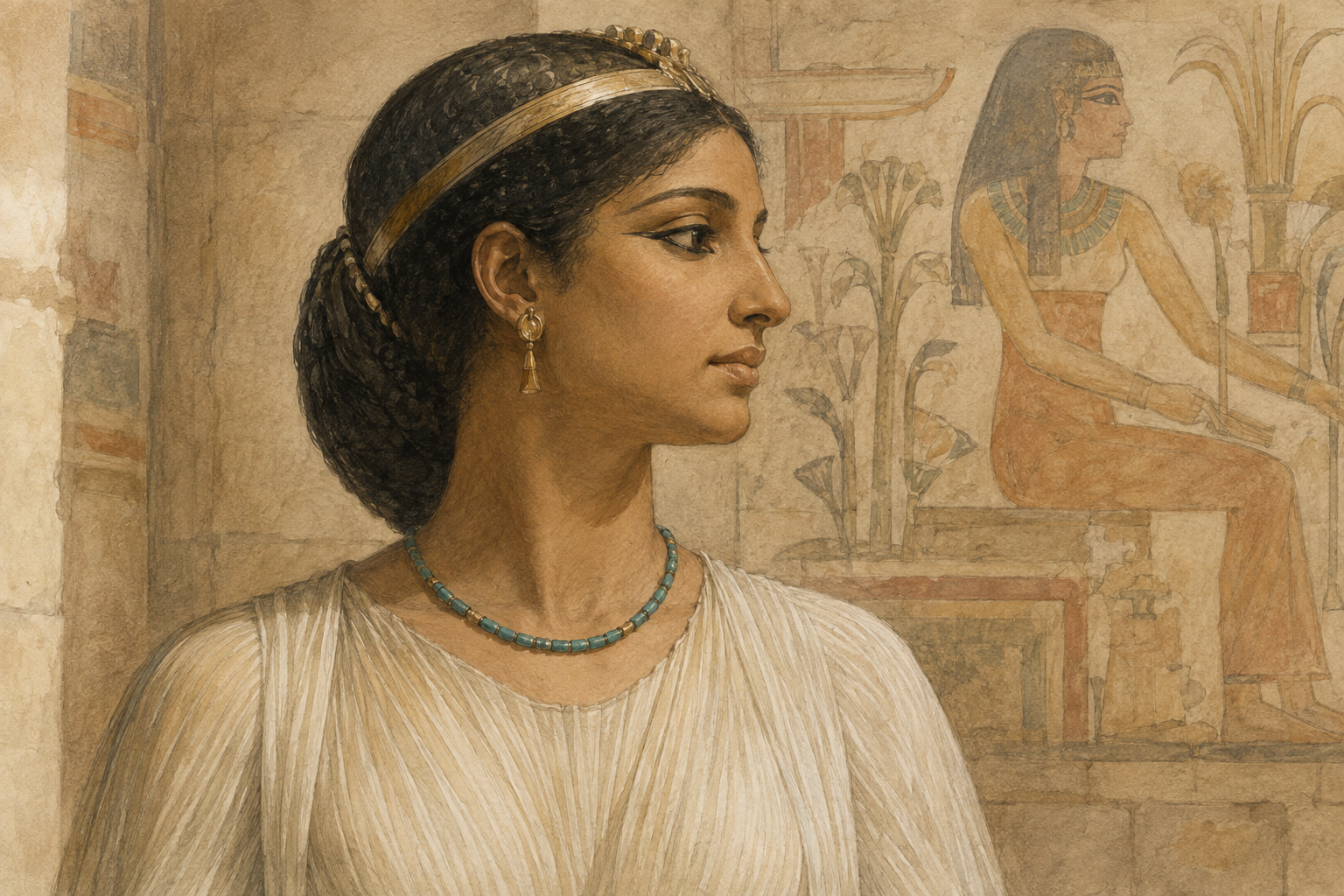 Pencil and watercolour reconstruction of a Theban woman of high standing wearing a turquoise faience necklace