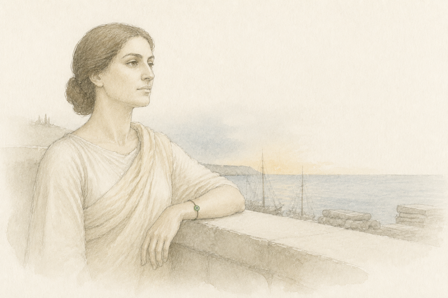 Pencil and watercolour reconstruction of a Sidonian woman with an outward-facing green glass eye bead at her wrist