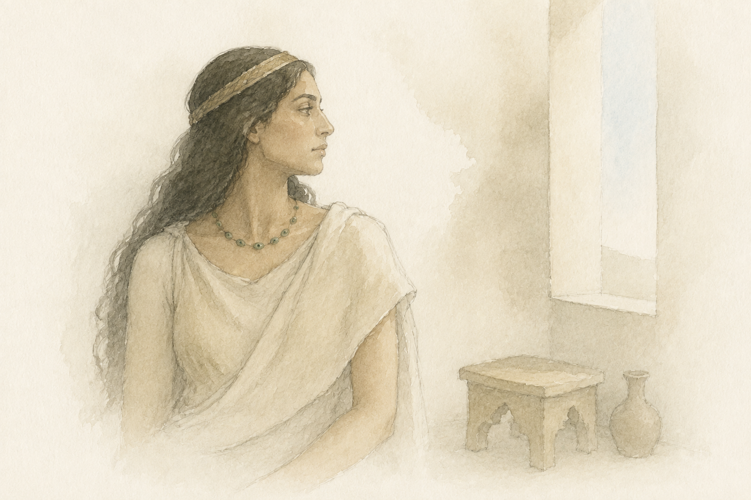 Pencil and watercolour reconstruction of a Sidonian woman of high standing wearing green glass eye beads in a palace room