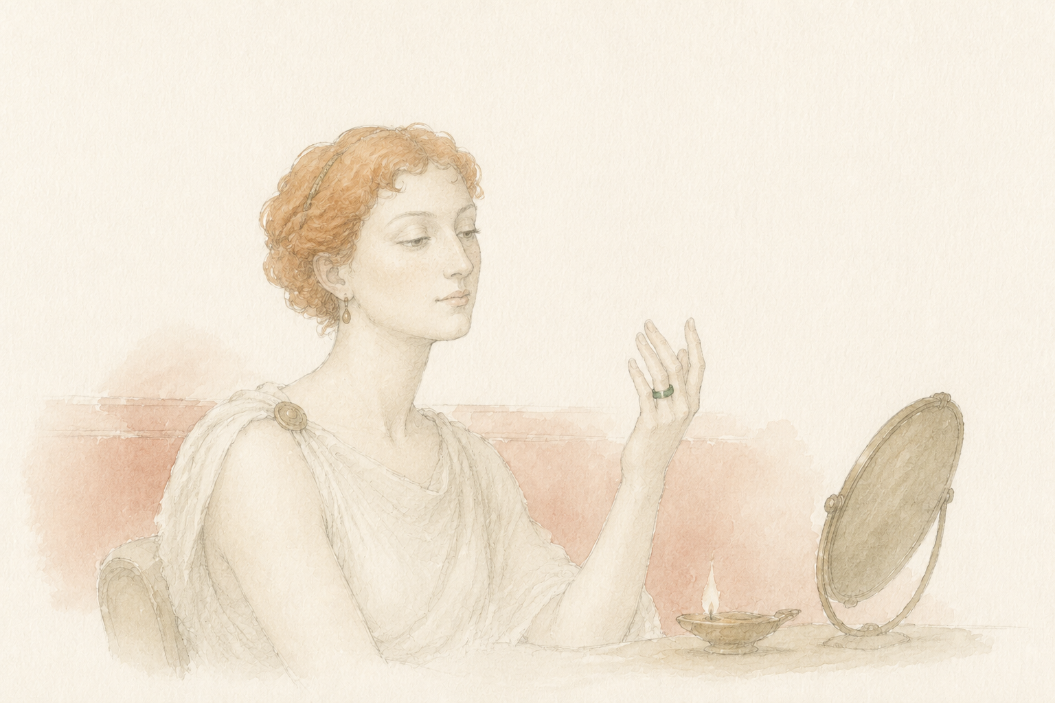Pencil and watercolour reconstruction of a Roman woman of high standing holding a green glass cylinder ring to lamp light