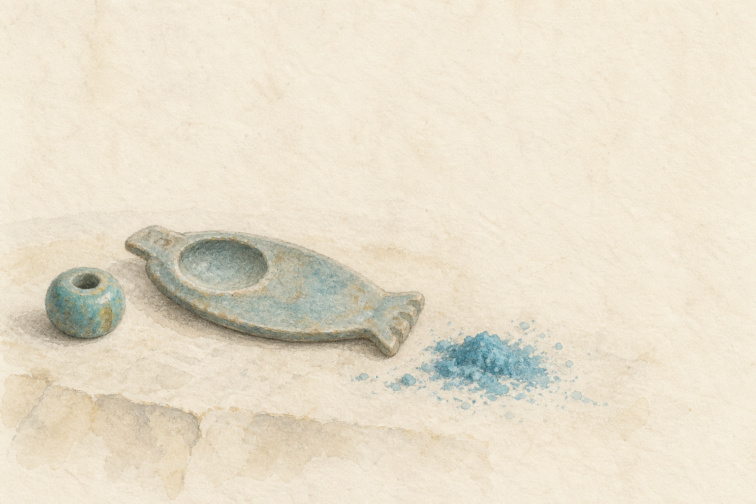 Watercolour study of a faience bead, cosmetic palette and blue pigment