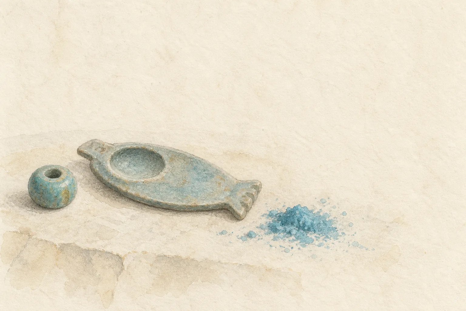 Estudio en acuarela de una cuenta de faience, una paleta cosmética y pigmento azul
