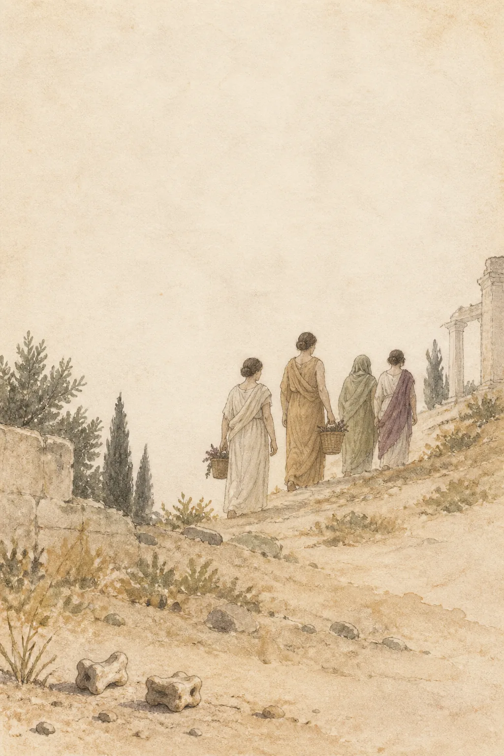 Reconstrucción en acuarela mínima de mujeres caminando hacia la fiesta de las Tesmoforias