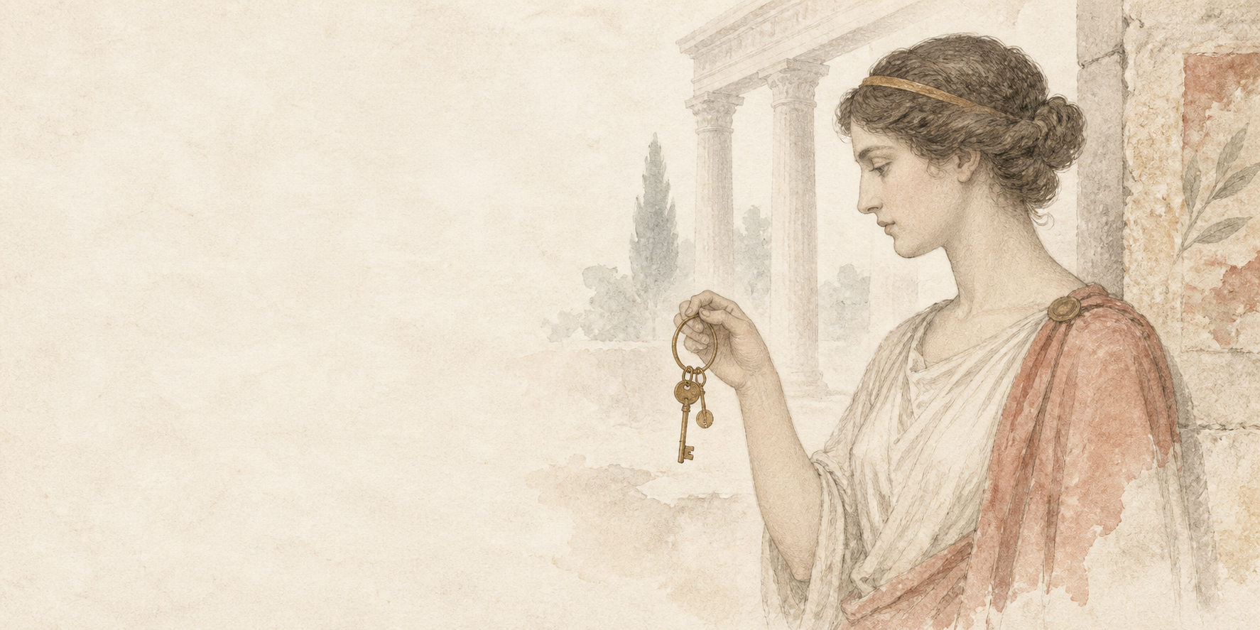 Restrained watercolour of a Roman woman holding a key ring