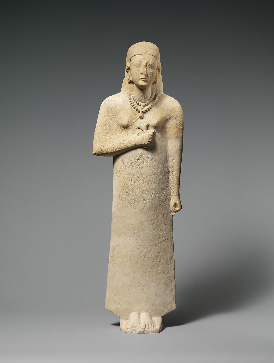 Cypriot Archaic limestone statue of a woman wearing two necklaces, Metropolitan Museum of Art