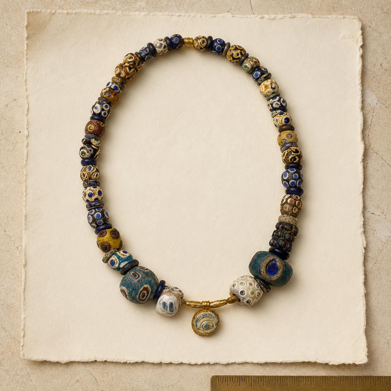 Phoenician necklace laid flat on handmade paper for the catalogue