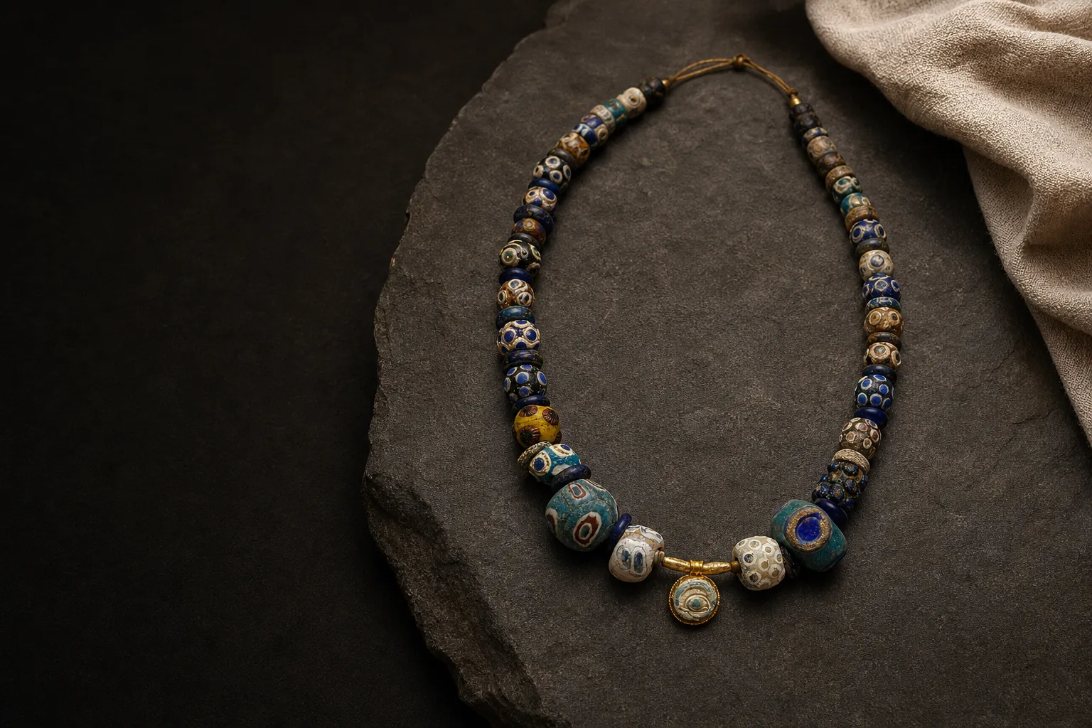 Collar fenicio de cuentas polícromas con ojos dispuesto sobre piedra oscura