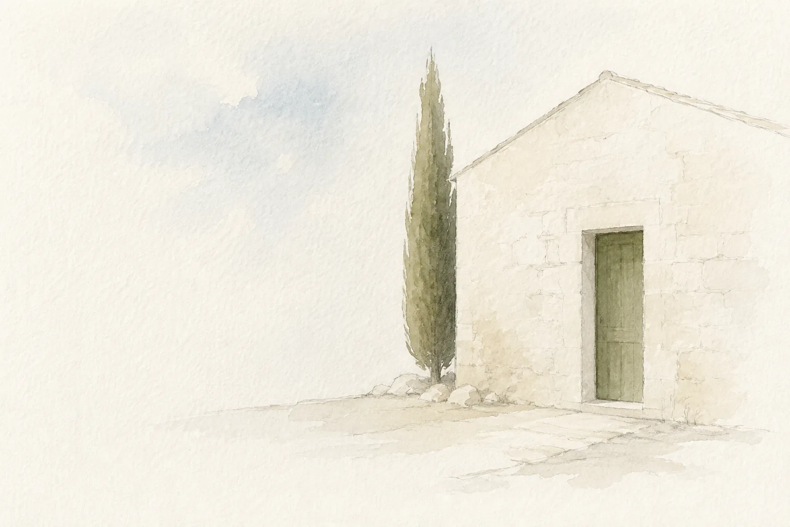 Minimal pencil and watercolour illustration of The House, a Mediterranean jewellery workshop