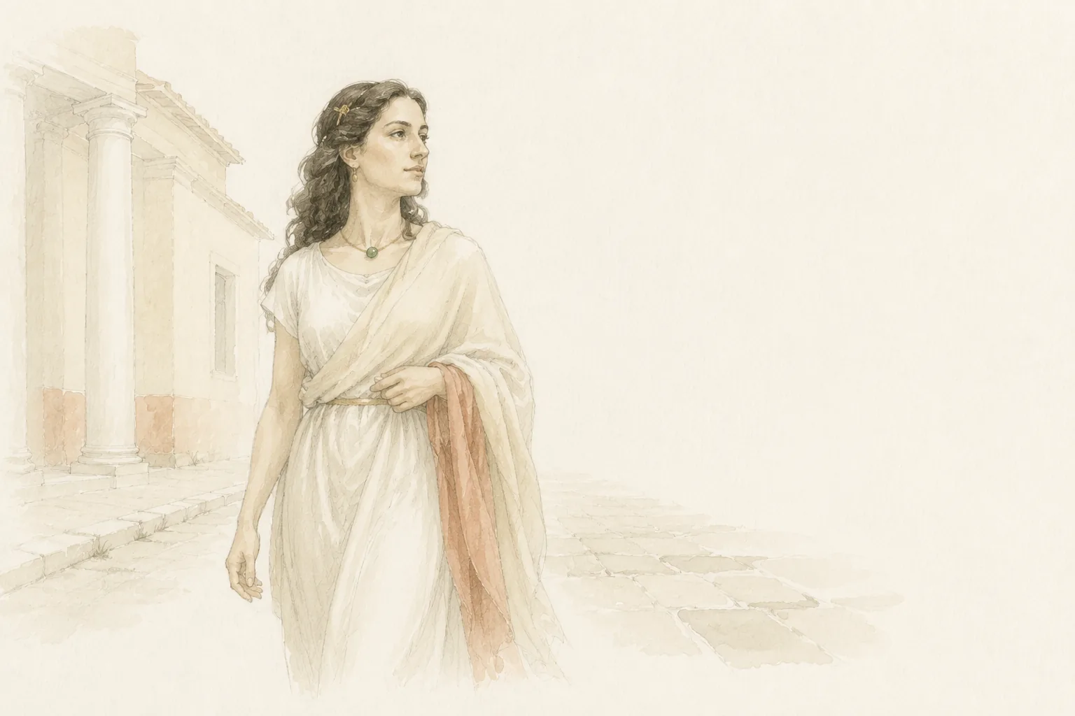 Pencil and watercolour reconstruction of a Roman woman of rank walking through a Roman street in a green glass necklace