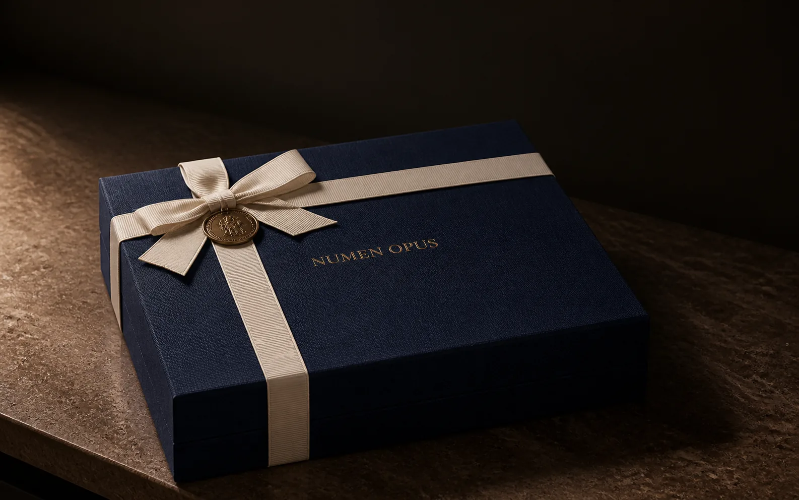 Closed Atelier Numen presentation box tied with an ivory ribbon