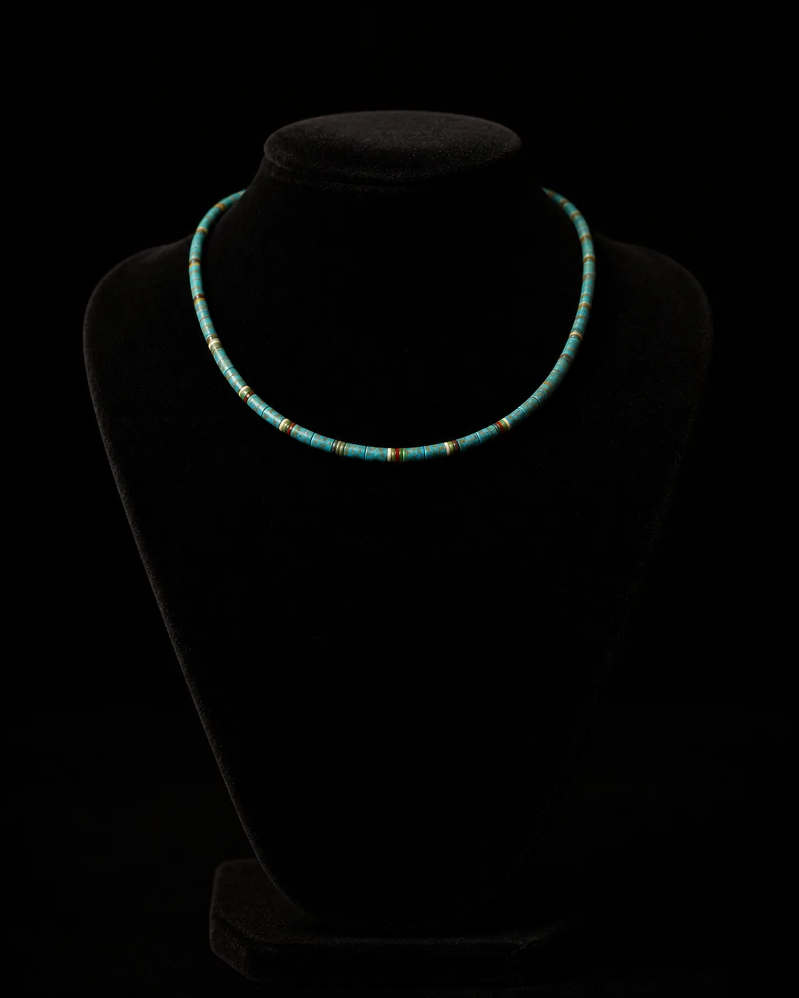 Ancient necklace displayed on a black velvet bust