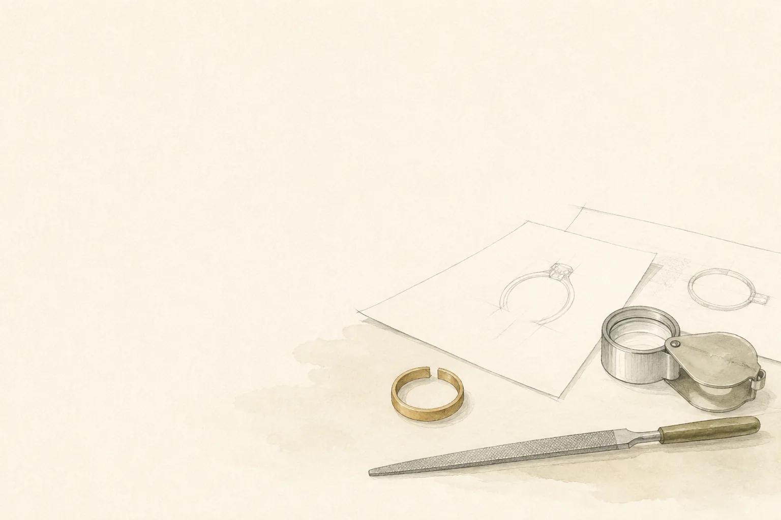 Minimal watercolour illustration of a jeweller's bench with a ring, sketch and fine tools