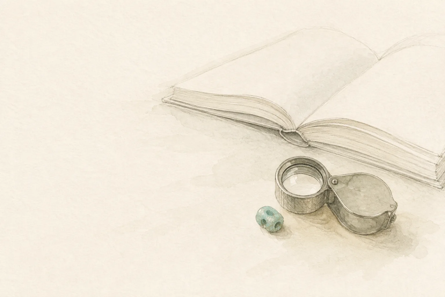 Watercolour illustration of an old bead, jeweller's loupe and reference book