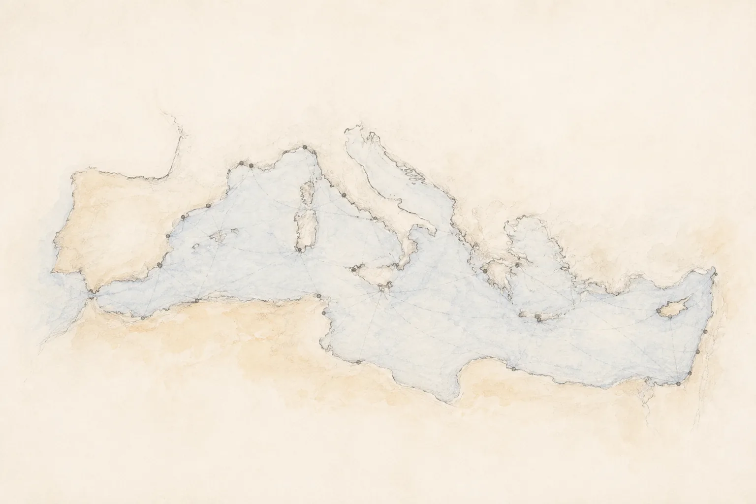 Restrained pencil and watercolour map of the Phoenician Mediterranean