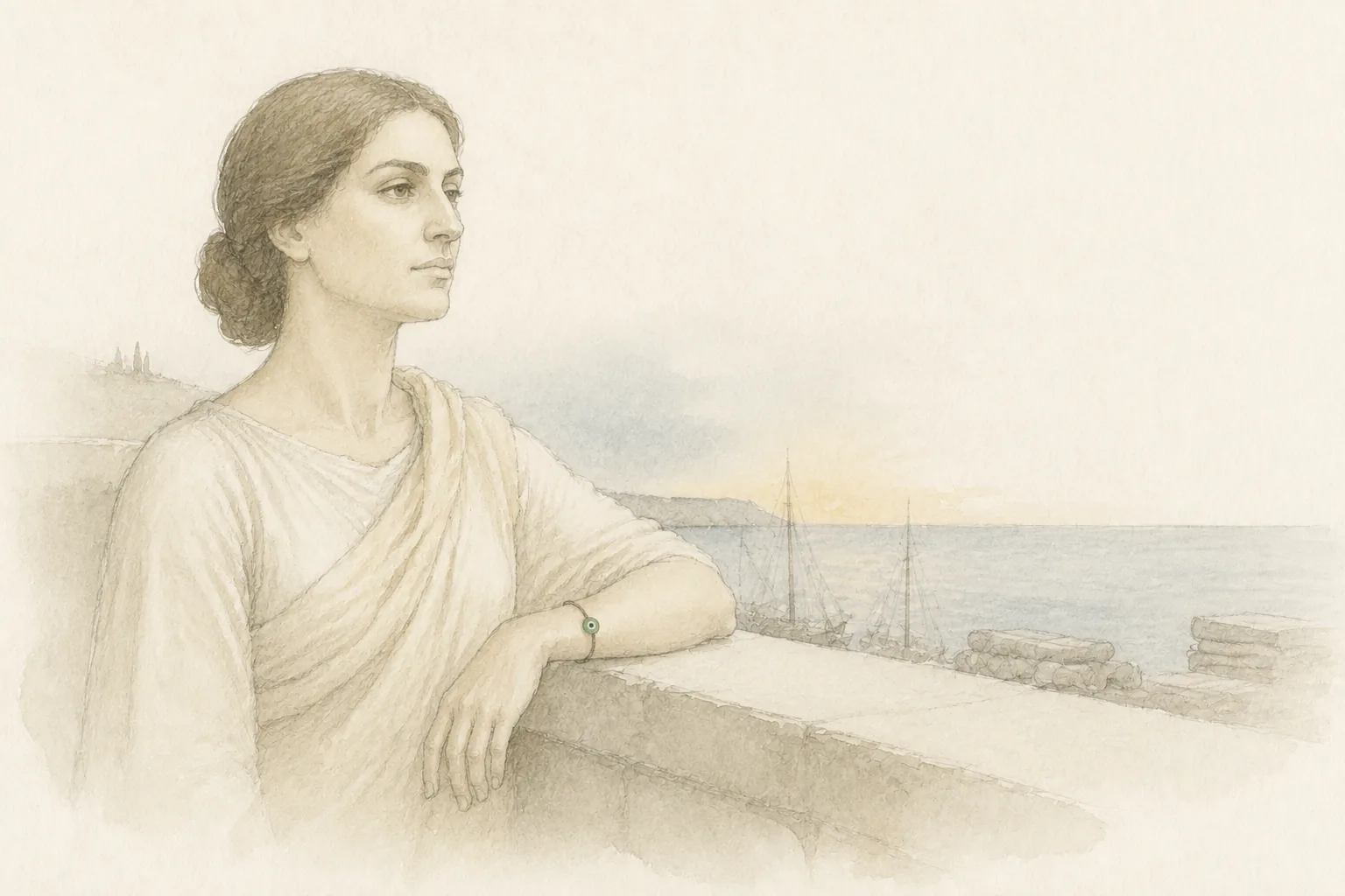 Pencil and watercolour reconstruction of a Sidonian woman with an outward-facing green glass eye bead at her wrist