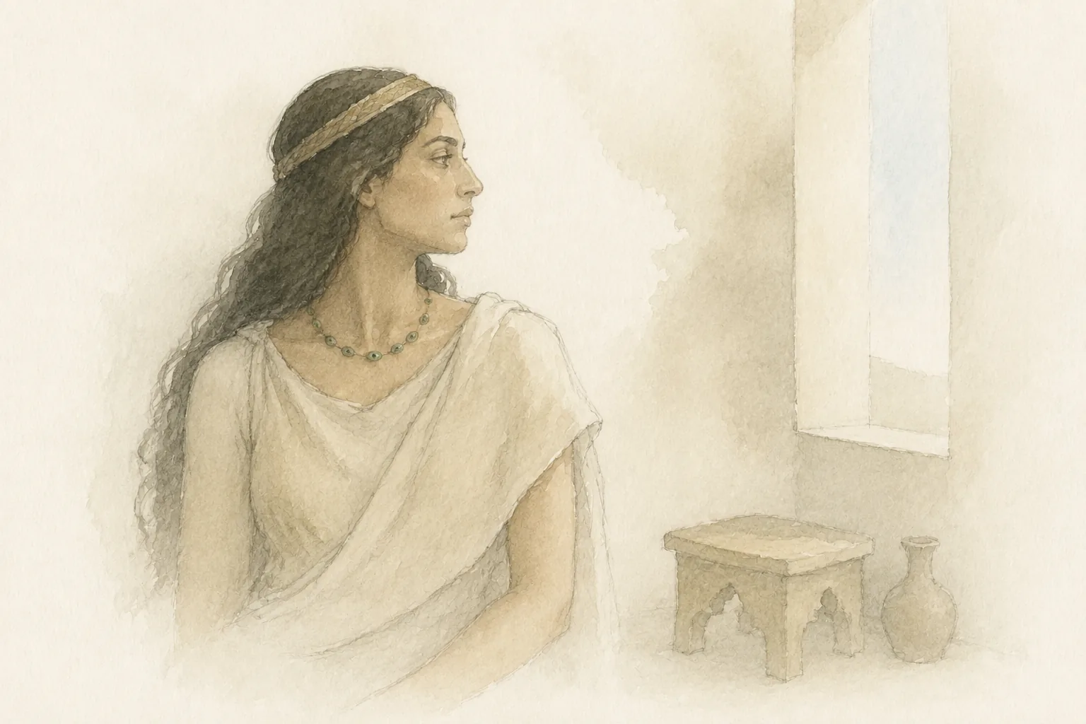 Pencil and watercolour reconstruction of a Sidonian woman of high standing wearing green glass eye beads in a palace room