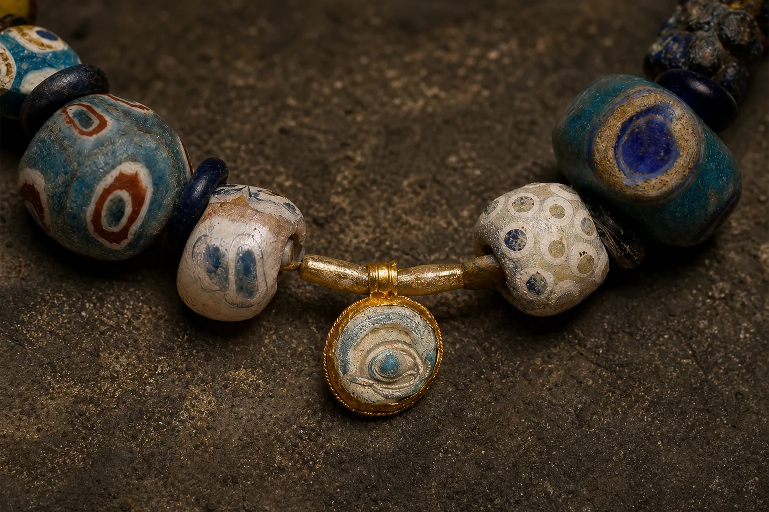 Macro detail of the concentric glass eyes and gold-framed centre